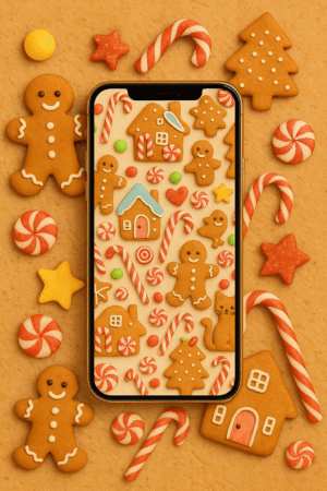 20251202_1953_Gingerbread Holiday Cheer_remix_01kbg305kxedcrfehx9pdbznnb Gingerbread Candy Pattern with Cookies & Peppermints – Christmas Phone Wallpaper