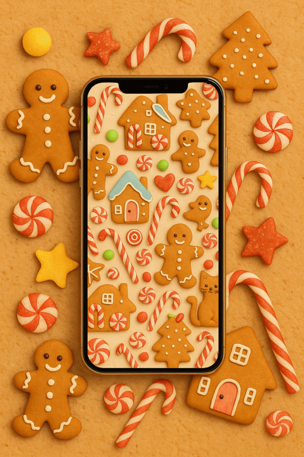 20251202_1953_Gingerbread Holiday Cheer_remix_01kbg305kxedcrfehx9pdbznnb Gingerbread Candy Village Christmas Phone Wallpaper