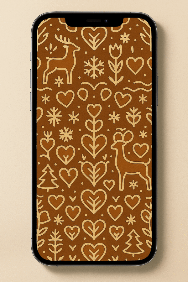 Folk-Art Gingerbread Hearts & Reindeer Pattern – Christmas Phone Wallpaper