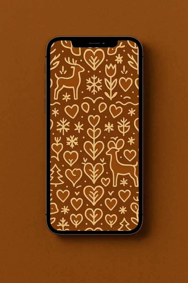 Folk-Art Gingerbread Hearts & Reindeer Pattern – Christmas Phone Wallpaper