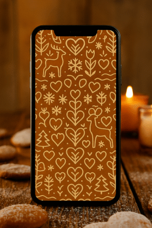 20251202_2006_Rustic Winter Wallpaper_remix_01kbg3rrpcekxbw3s8ye28w5zs Folk-Art Gingerbread Hearts & Reindeer Pattern – Christmas Phone Wallpaper
