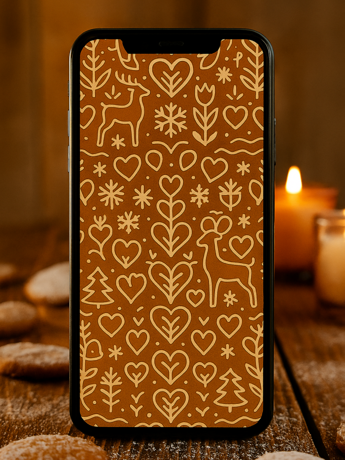 20251202_2006_Rustic Winter Wallpaper_remix_01kbg3rrpcekxbw3s8ye28w5zs Folk-Art Gingerbread Hearts & Reindeer Pattern – Christmas Phone Wallpaper