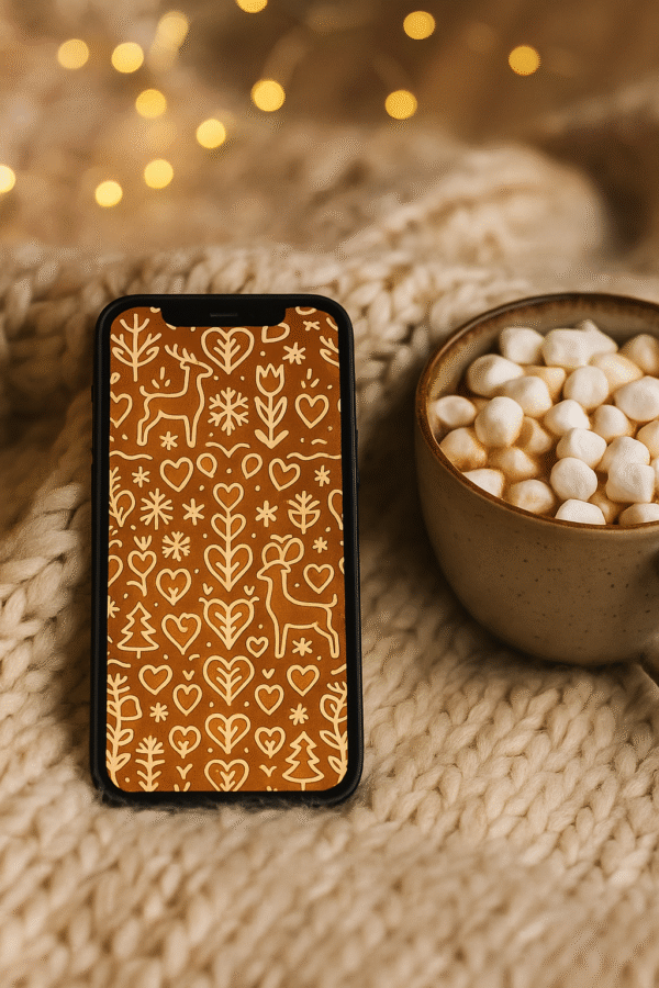 Folk-Art Gingerbread Hearts & Reindeer Pattern – Christmas Phone Wallpaper