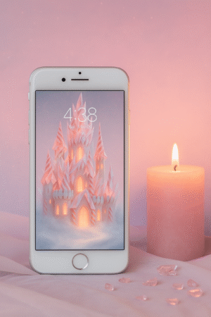 20251202_2013_Enchanted Castle Wallpaper Mockup_remix_01kbg462zsey99d8ch4qmj7m4v Sugar-Crystal Peppermint Castle Glow – Christmas Phone Wallpaper