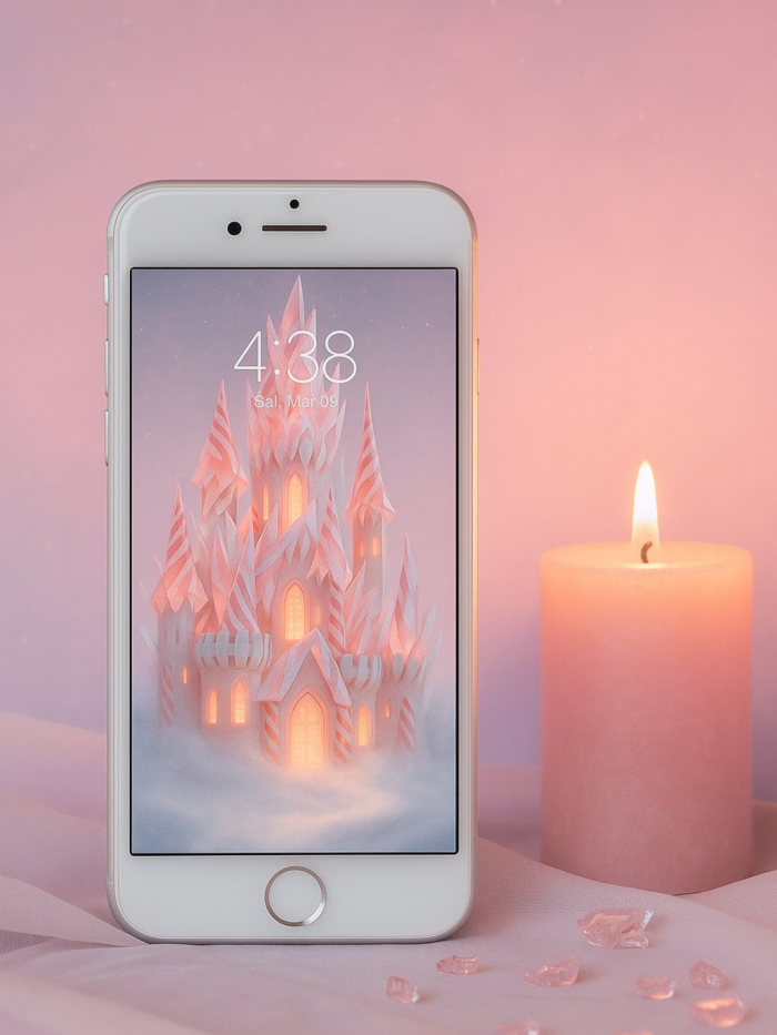 20251202_2013_Enchanted Castle Wallpaper Mockup_remix_01kbg462zsey99d8ch4qmj7m4v Sugar-Crystal Peppermint Castle Glow – Christmas Phone Wallpaper