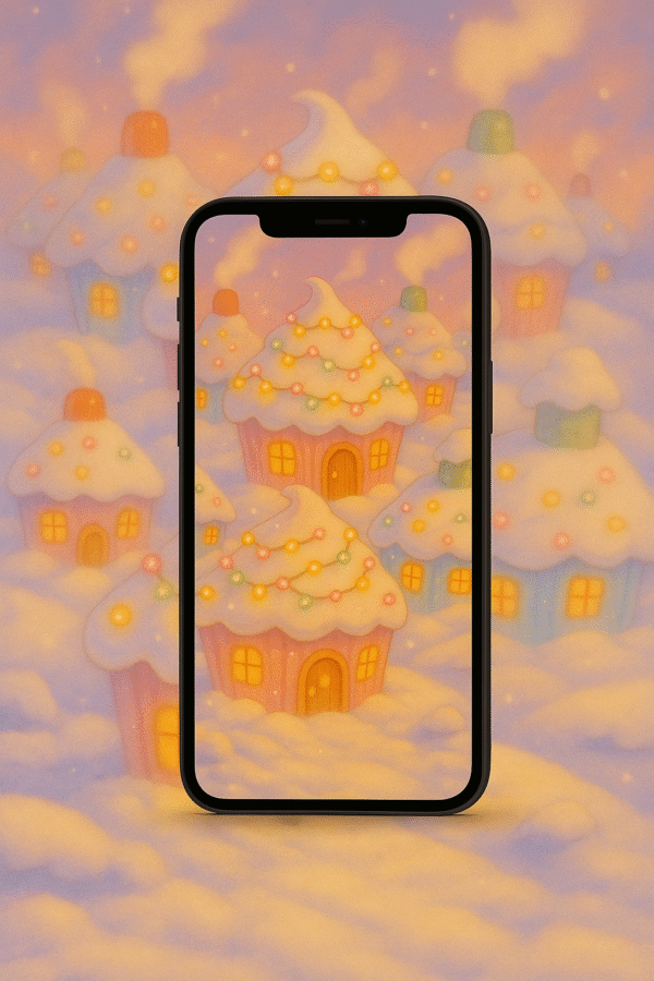 Snow-Glazed Cupcake Cottage Village – Christmas Phone Wallpaper