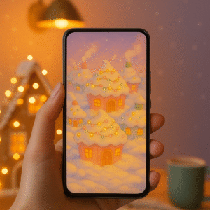 Snow-Glazed Cupcake Cottage Village – Christmas Phone Wallpaper