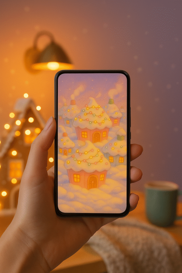 Snow-Glazed Cupcake Cottage Village – Christmas Phone Wallpaper