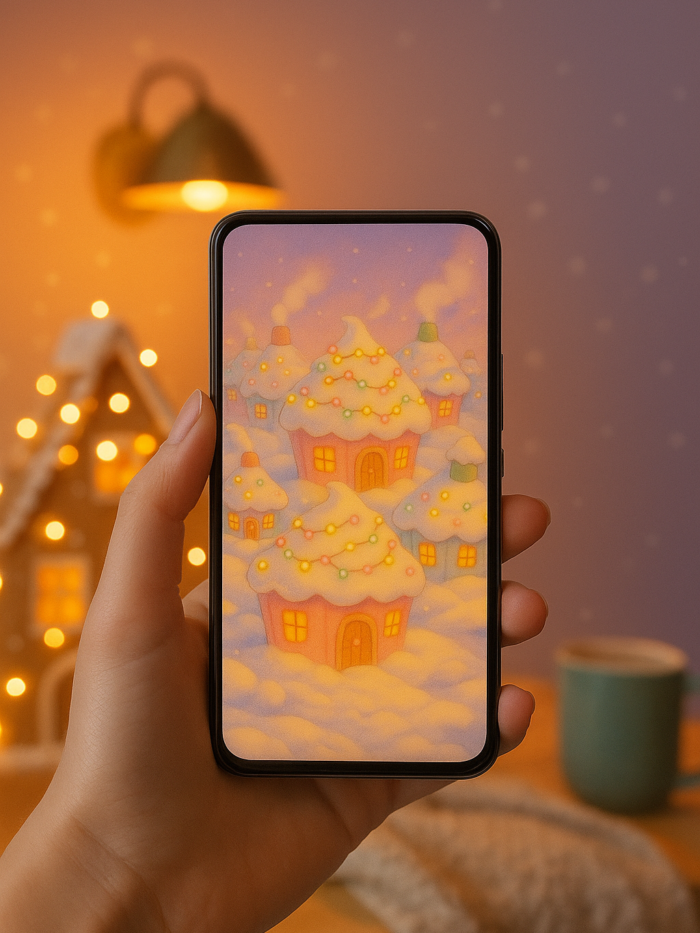 20251202_2019_Winter Wonderland Wallpaper_remix_01kbg4gx8pe14tdz1tqd44cxxc Snow-Glazed Cupcake Cottage Village – Christmas Phone Wallpaper