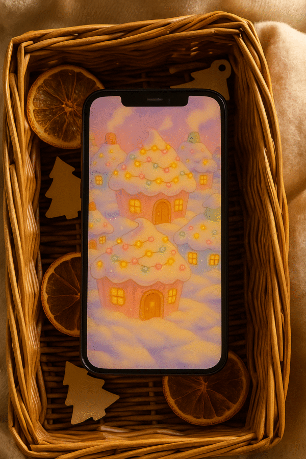 Snow-Glazed Cupcake Cottage Village – Christmas Phone Wallpaper