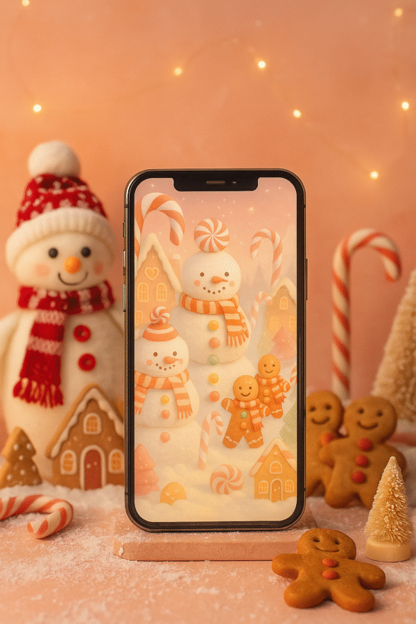 Gingerbread Snowmen Village Christmas Phone Wallpaper