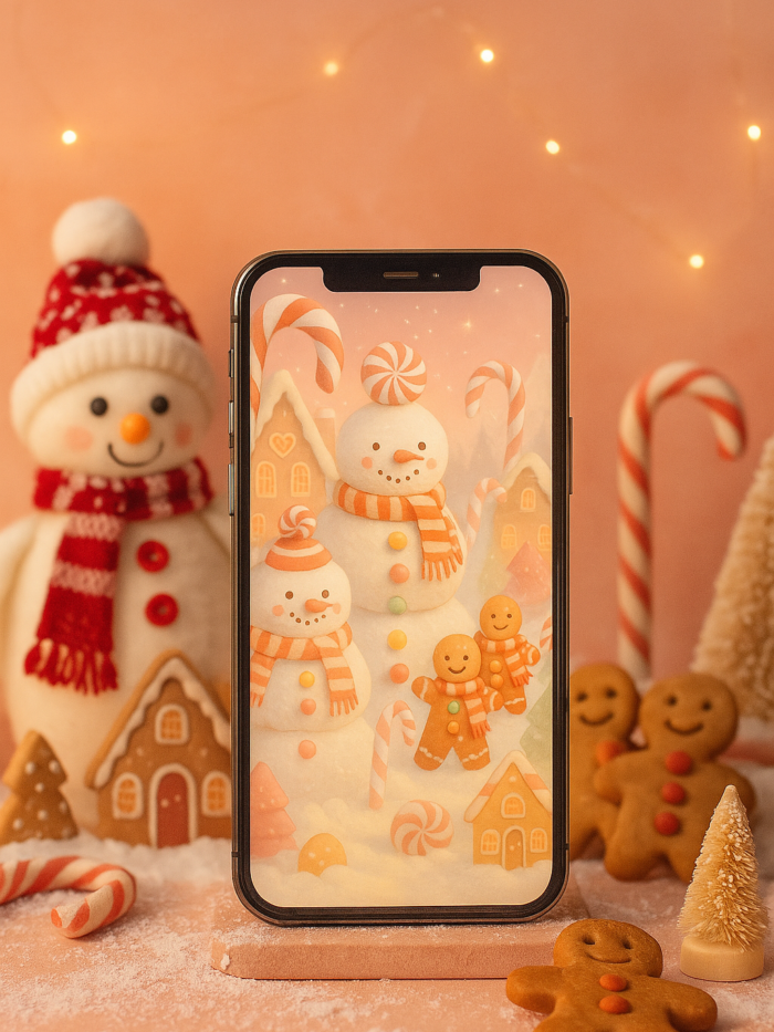 20251202_2032_Winter Candyland Scene_remix_01kbg574b6fezsdg1qxf6td0va Gingerbread Snowmen Village Christmas Phone Wallpaper