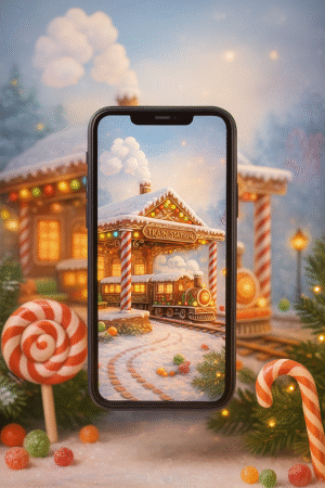 20251202_2052_Whimsical Train Station_remix_01kbg6d77be2791aeg13j8hqad Gingerbread Train Station Christmas Phone Wallpaper
