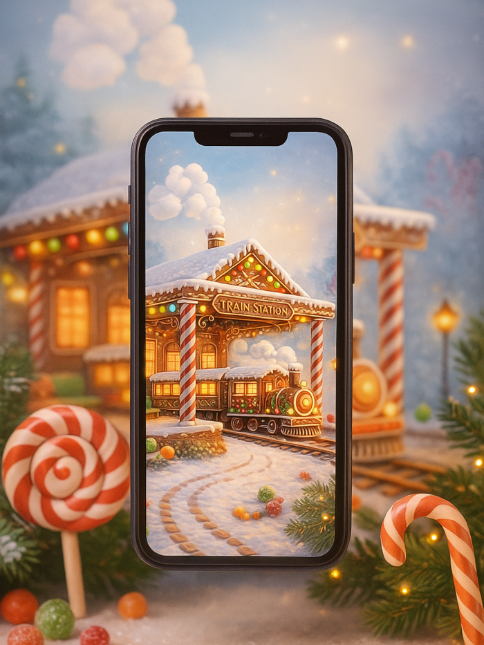 20251202_2052_Whimsical Train Station_remix_01kbg6d77be2791aeg13j8hqad Gingerbread Train Station Christmas Phone Wallpaper