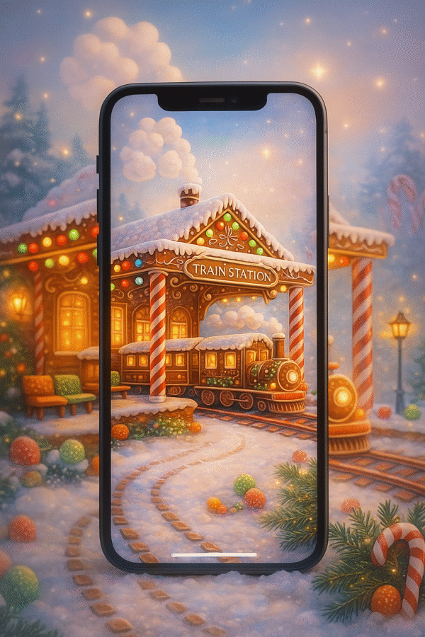 20251202_2052_Whimsical Train Station_remix_01kbg6d77cf8cr1f08crxh042a Gingerbread Train Station Christmas Phone Wallpaper