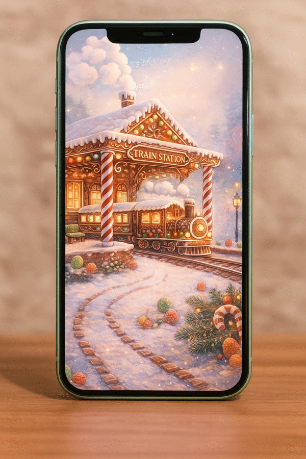 20251202_2053_Holiday Train Station_remix_01kbg6ee34e94b5t67yzpy0xak Gingerbread Train Station Christmas Phone Wallpaper