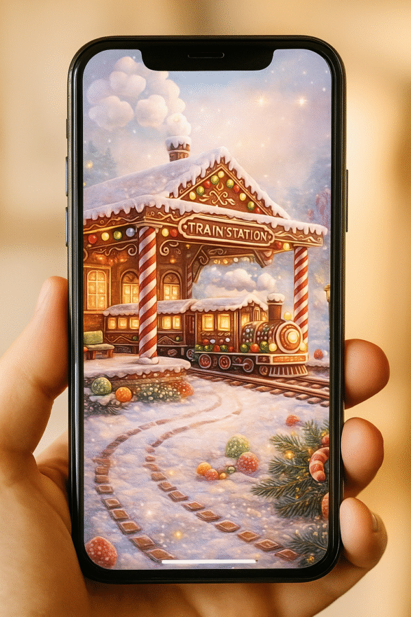 20251202_2053_Holiday Train Station_remix_01kbg6ee36fnntpchq2b9j92pv Gingerbread Train Station Christmas Phone Wallpaper