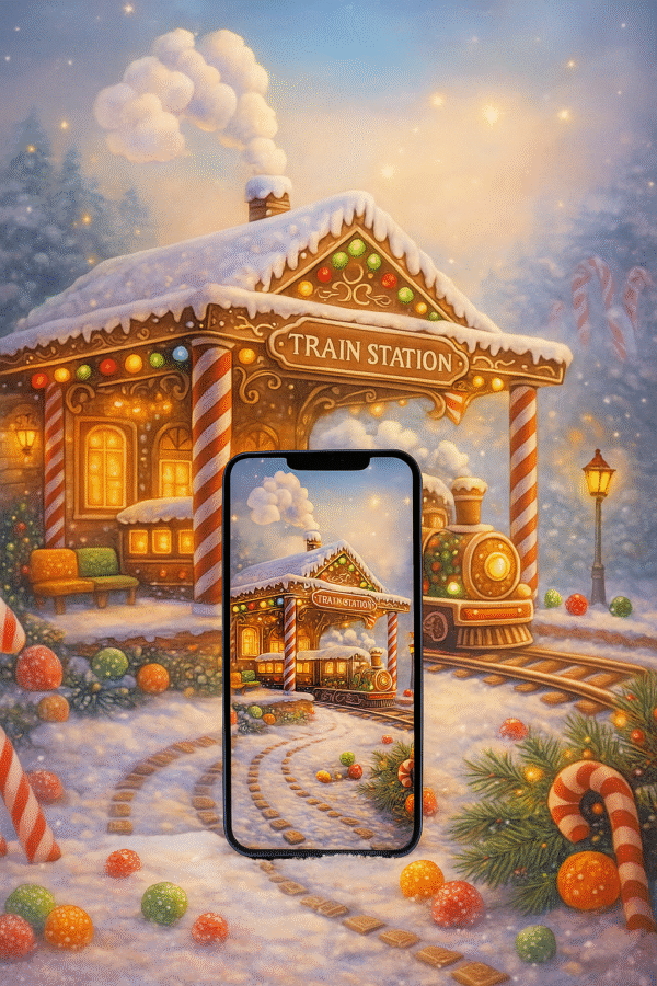 20251202_2058_Winter Train Station_remix_01kbg6pkgffsrb7rmdvjgctds5 Gingerbread Train Station Christmas Phone Wallpaper