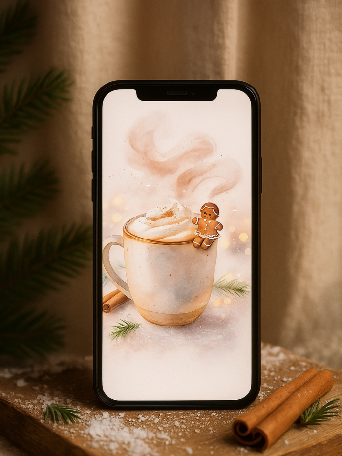 20251202_2104_Winter Coffee Bliss_remix_01kbg73kx0e6fsttks24s0x8q4 Cozy Gingerbread Latte Christmas Phone Wallpaper