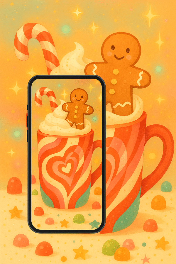 20251202_2135_Whimsical Holiday Mug_remix_01kbg8wfcafqarspp2x2f8z7kk Gingerbread Candy Mug Christmas Wallpaper