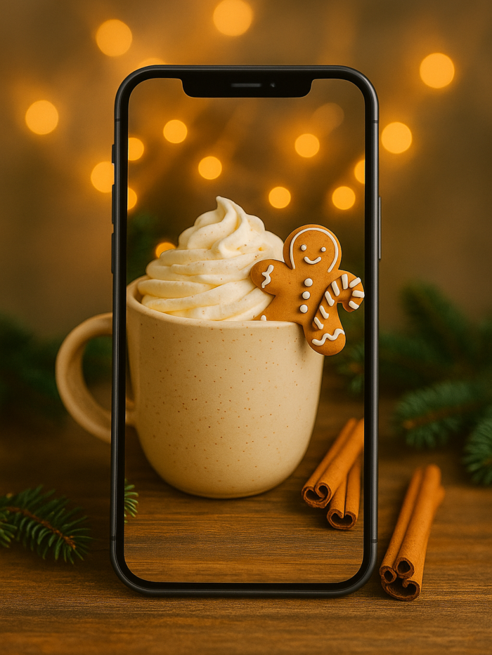 20251202_2147_Festive Gingerbread Delight_remix_01kbg9kk4se9ev9trmrfewa4g9 Gingerbread Latte Glow – Christmas Phone Wallpaper