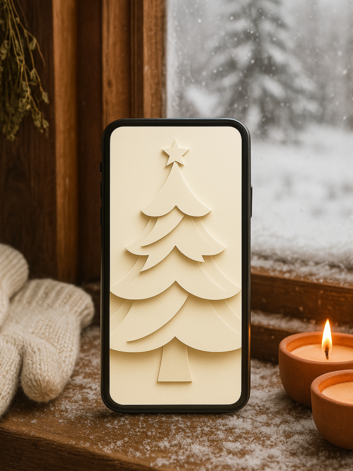 20251202_2151_Cozy Cabin Wallpaper_remix_01kbg9v4fjeh0t8v9yqdhwg1rs Minimalist Paper-Cut Christmas Tree Wallpaper