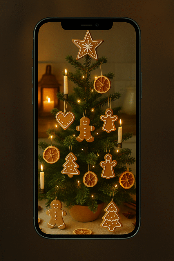 20251202_2157_Phone Wallpaper Mockup_remix_01kbga5314fj0rgrm2btdrjvky Gingerbread Kitchen Christmas Tree Wallpaper