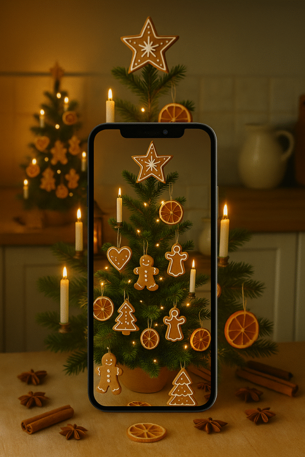 20251202_2213_Festive Phone Display_remix_01kbgb0hbefemr15n7e3exajc0 Gingerbread Kitchen Christmas Tree Wallpaper