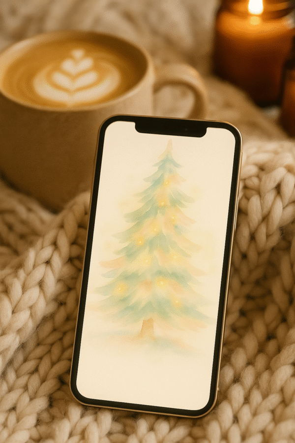 20251202_2302_Cozy Knit Phone Setup_remix_01kbgdt07xfqwb8da0gn29zh7h Pastel Glow Christmas Tree – Christmas Phone Wallpaper