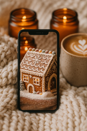 20251202_2326_Gingerbread House Delight_remix_01kbgf6pxxfhvtgthm60abdxjt Gingerbread Hearth Glow – Christmas Phone Wallpaper