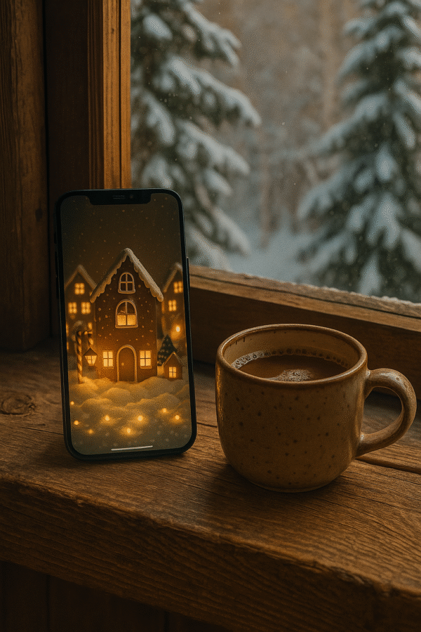 20251202_2343_Cozy Winter Wallpaper_remix_01kbgg69gxevy95xf5x8da9txq Gingerbread Village Glow – Christmas Phone Wallpaper