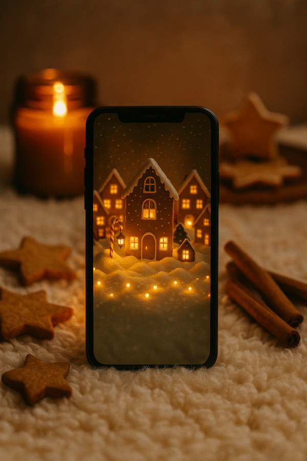20251203_0841_Cozy Gingerbread Wallpaper_remix_01kbhf0217eczswk69bjhy0ner Gingerbread Village Glow – Christmas Phone Wallpaper