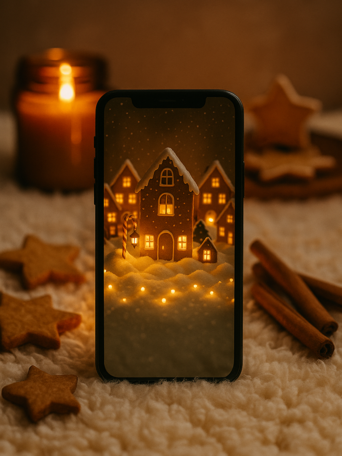 Gingerbread Village Glow – Christmas Phone Wallpaper