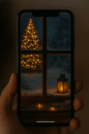 20251203_0908_Phone Wallpaper Mockup_remix_01kbhghv2weq4vsc6vg75j0h98 Warm Lantern Window View Christmas Phone Wallpaper