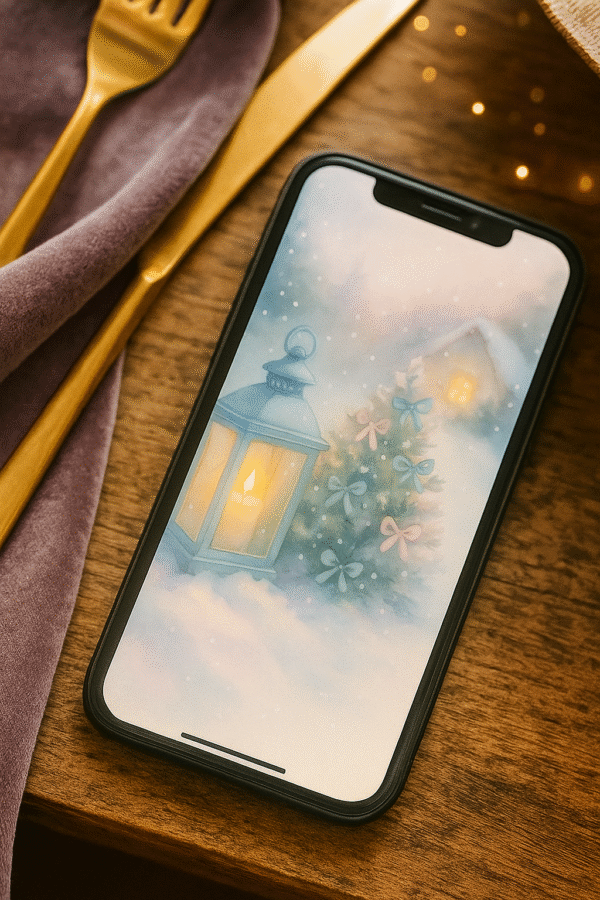 20251203_0924_Cozy Winter Wonderland_remix_01kbhheqc7enfts9p588ms0rsw Soft Glow Cottage Lantern – Christmas Phone Wallpaper