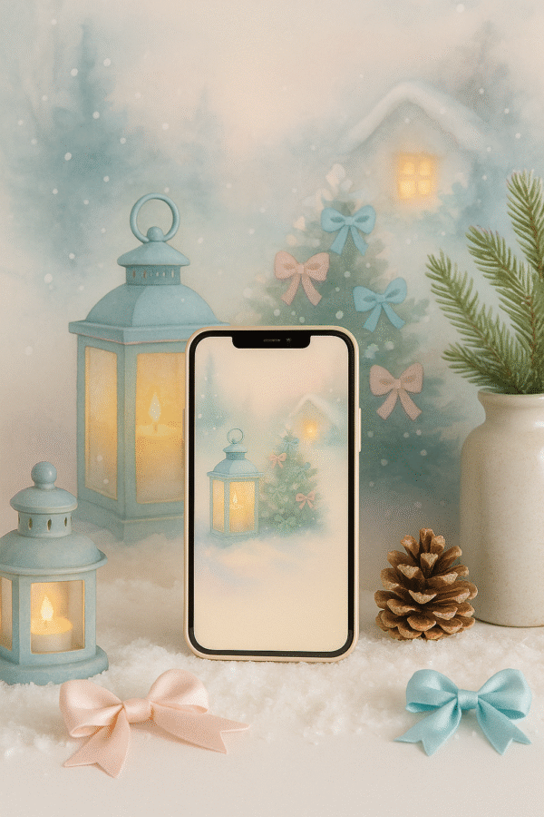 20251203_0927_Winter Lantern Scene_remix_01kbhhmbztertr949g91mj90f4 Soft Glow Cottage Lantern – Christmas Phone Wallpaper