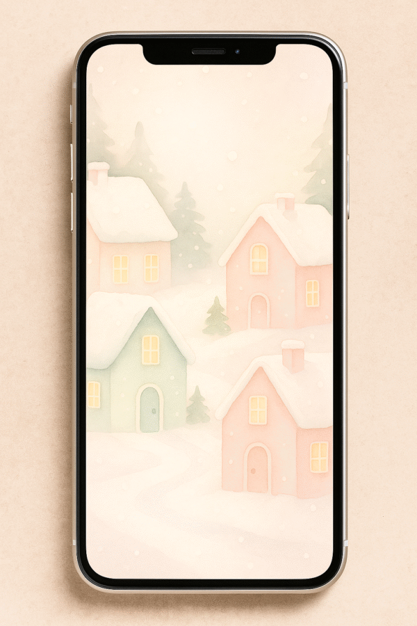 20251203_0935_Phone Wallpaper Mockup_remix_01kbhj3bj0fxaa8pqyv3w0yk71 Snowy Pastel Cottage Village – Christmas Phone Wallpaper