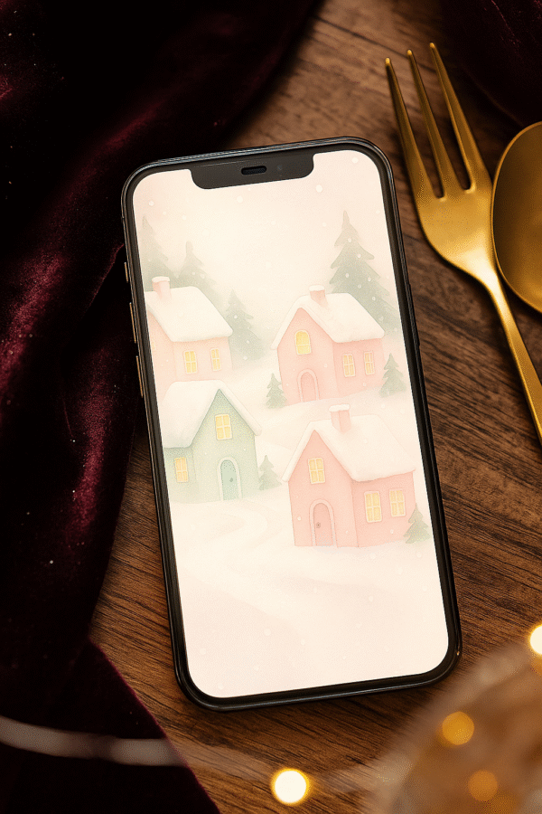 20251203_0936_Snowy Village Wallpaper_remix_01kbhj47r2fz099vvwrncd097x Snowy Pastel Cottage Village – Christmas Phone Wallpaper