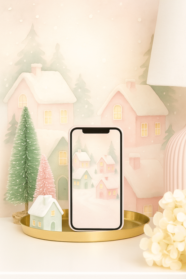 20251203_0957_Winter Village Wallpaper_remix_01kbhka1pyekgsm6gq7nbrb71x Snowy Pastel Cottage Village – Christmas Phone Wallpaper