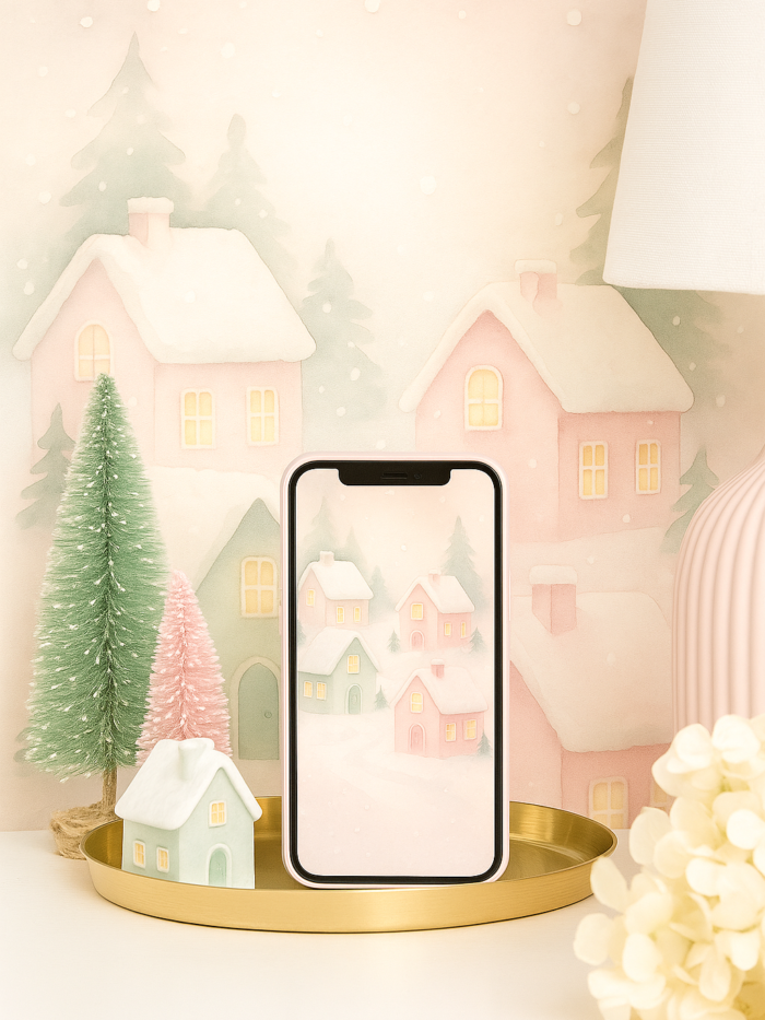 Snowy Pastel Cottage Village – Christmas Phone Wallpaper