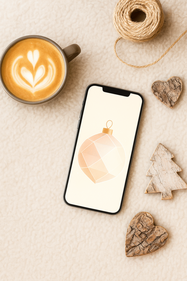 20251203_1015_Cozy Rustic Vibes_remix_01kbhmbft8evgtkw517hpt95jd Blush-Pink Diamond Ornament Glow – Christmas Phone Wallpaper