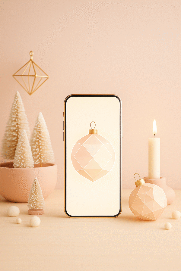 20251203_1017_Ornament-Inspired Decor Scene_remix_01kbhmgvf7e99vf2jd30cn940n Blush-Pink Diamond Ornament Glow – Christmas Phone Wallpaper