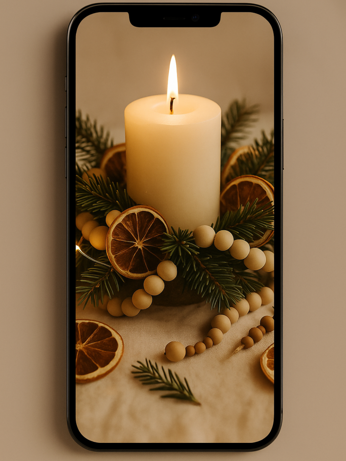 20251203_1127_Phone Wallpaper Mockup_remix_01kbhrf7rqejj9tnx9knmwagq7 Candlelit Winter Table – Aesthetic Boho Christmas Wallpaper