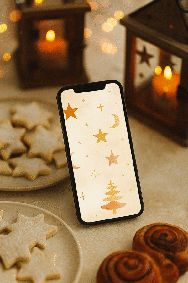 20251203_1137_Cozy Holiday Wallpaper_remix_01kbhs2a8tfnyt6cyzrvbr8jzt Golden Stars & Crescent Skies – Boho Christmas Phone Wallpaper