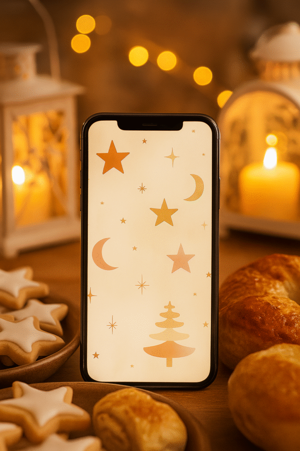 20251203_1137_Cozy Holiday Wallpaper_remix_01kbhs2a8vfnqsj0zwbkn853ze Golden Stars & Crescent Skies – Boho Christmas Phone Wallpaper