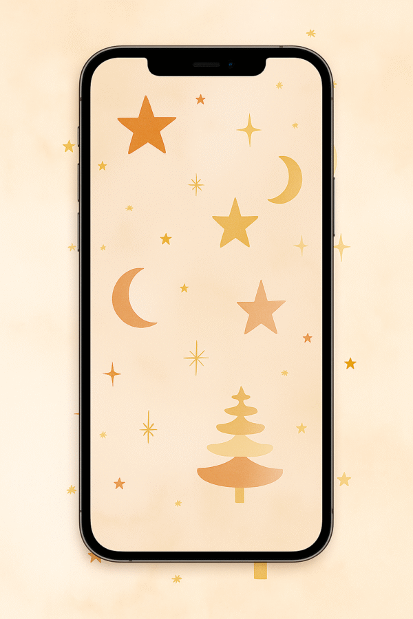 20251203_1137_Phone Wallpaper Mockup_remix_01kbhs13ddfn8rwb4a7aprmm6s Golden Stars & Crescent Skies – Boho Christmas Phone Wallpaper