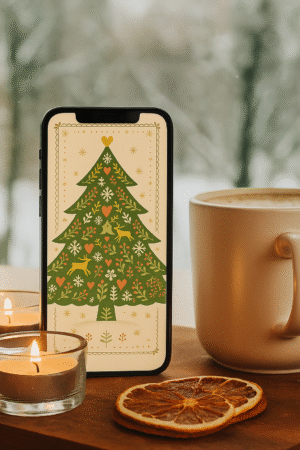 20251204_0918_Cozy Winter Wallpaper_remix_01kbm3fnhzf2yab2wpwrc8az3p Folk-Art Christmas Tree with Hearts & Reindeer – Christmas Phone Wallpaper