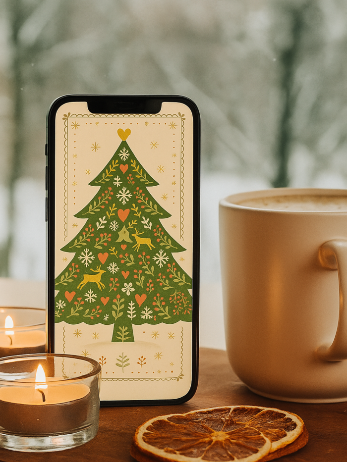 Folk-Art Christmas Tree with Hearts & Reindeer – Christmas Phone Wallpaper