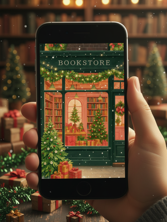 mockup-lib4-1765473593659-0 Snow-Kissed Bookstore Wonderland - Christmas Phone Wallpaper