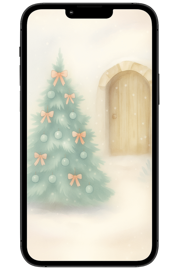 Snowy Cottage Door with Blush-Bow Tree – Christmas Phone Wallpaper